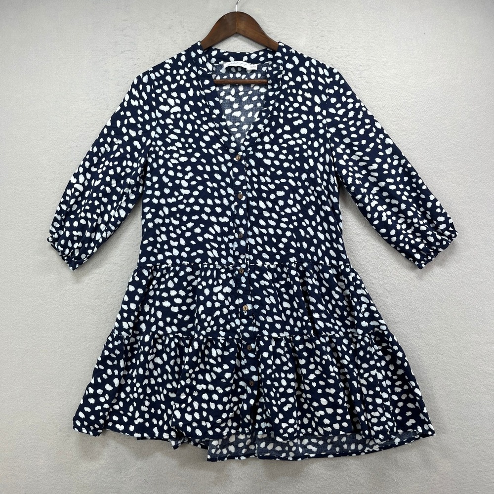 Petal Pup Tiered Mini Dress Women S/M Navy White Polka Dot Button Boho Babydoll